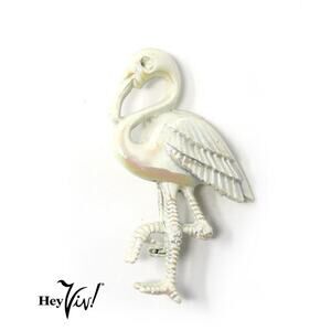 Vintage Flamingo Pin Iridescent White Enamel w Detailed Look 2" tall - Hey Viv